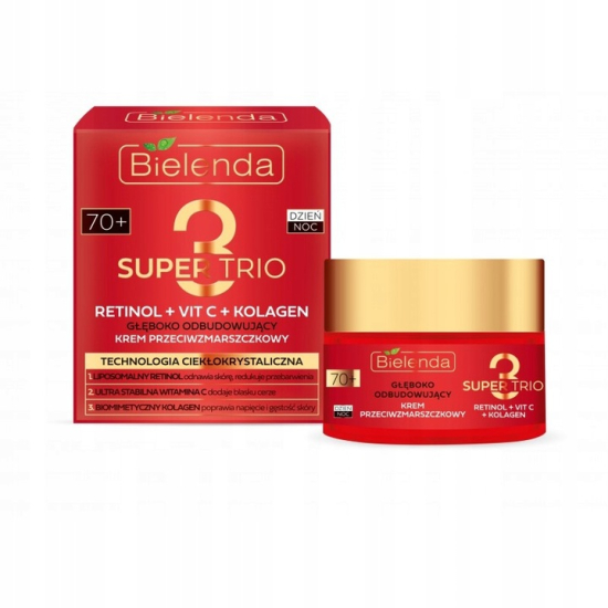 BIELENDA SUPER TRIO RETINOL+VIT C+KOLAGEN GŁĘBOKO ODBUDOWUJĄCY KREM 70+ NA DZIEŃ I NA NOC 50ML