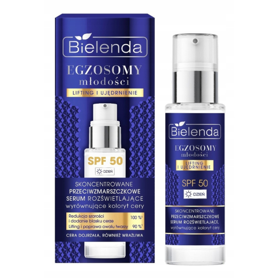 BIELENDA EGZOSOMY MŁODOŚCI SKONCENTROWANE SERUM ROZŚWIETLAJĄCE, WYRÓWNUJĄCE KOLORYT CERY SPF50, NA DZIEŃ 30ML